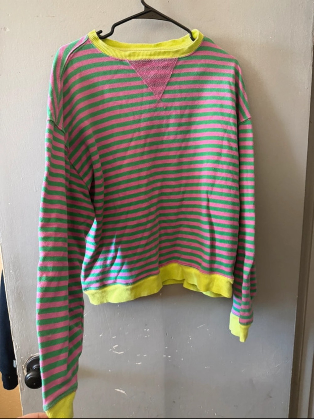 Viral We The Free Neon-Trim Pink and Green Striped Crewneck Sweater